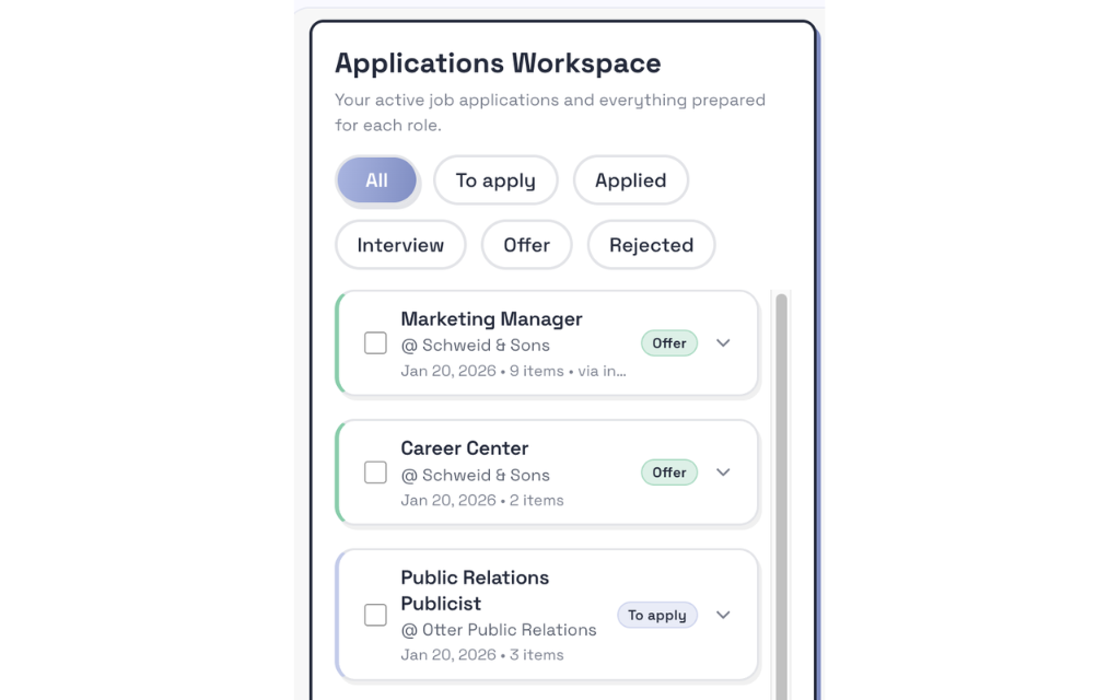 ReadyApply Applications Workspace listing tracked jobs by status, including Offer, Interview, and To apply.