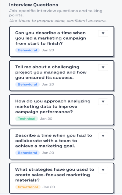 ReadyApply interview prep listing job-specific behavioral, technical, and situational questions.